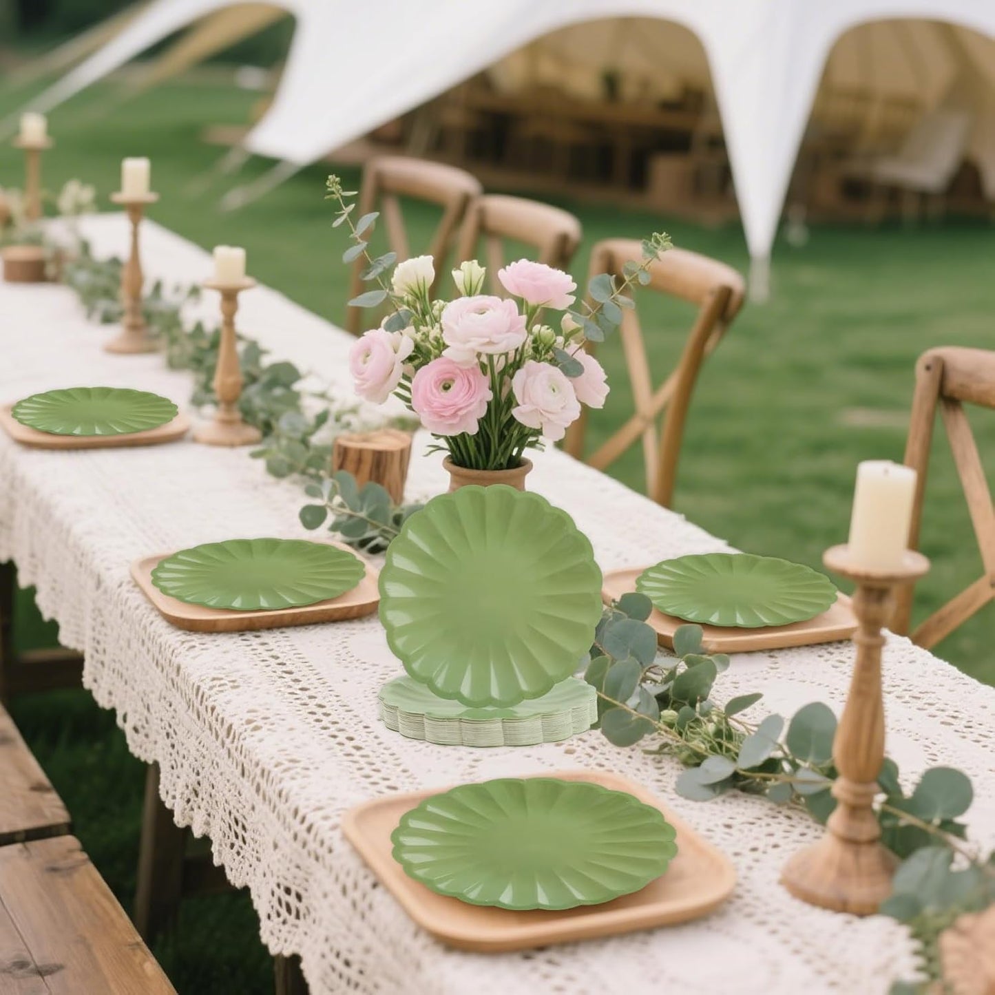 50Pcs Large Scalloped Sage Green Paper Plates 9Inch Shell Edge Dinner Plates for Cake Salad Fruit Disposable Dinner Serving Plates for Birthday Wedding Baby Shower Party Decorations