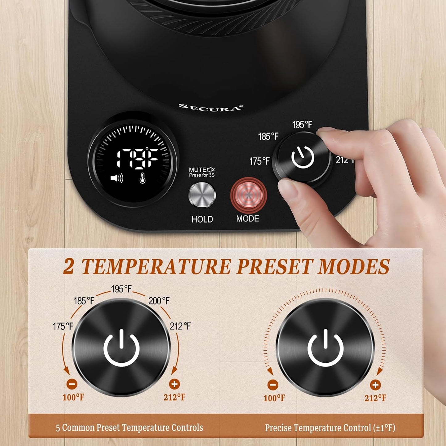 Secura Electric Gooseneck Kettle with 5 Temperature Control Presets, 100% Stainless Steel Inner Tea/Coffee Kettle with 1.5H Keep Warm, 1200 Watt Quick Heating for Coffee Tea Brewing, 0.8L, Matt Black