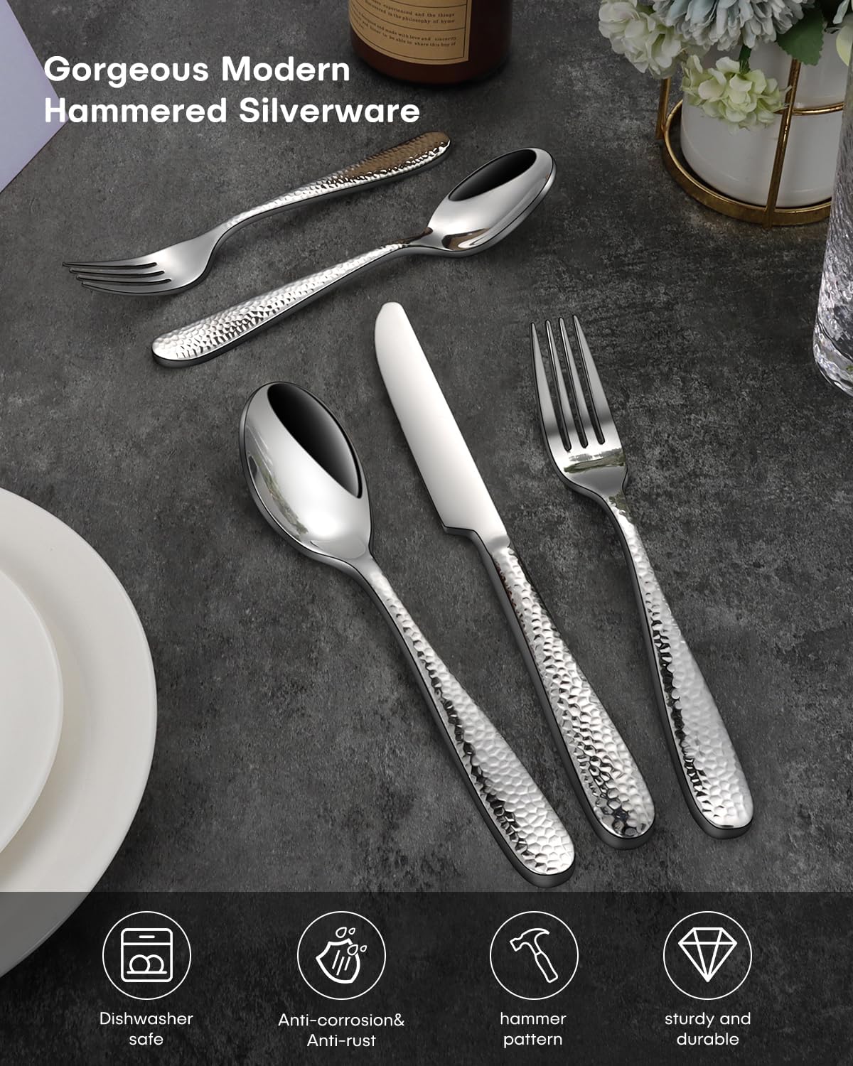 Hammered Silverware Set, Ollex 60-Piece Silver Flatware Set for 12 Mirror Finish Stainless Steel Eating Utensils Sets Include Forks Spoons and Knives Tableware Kitchen Cutlery Sets, Dishwasher Safe
