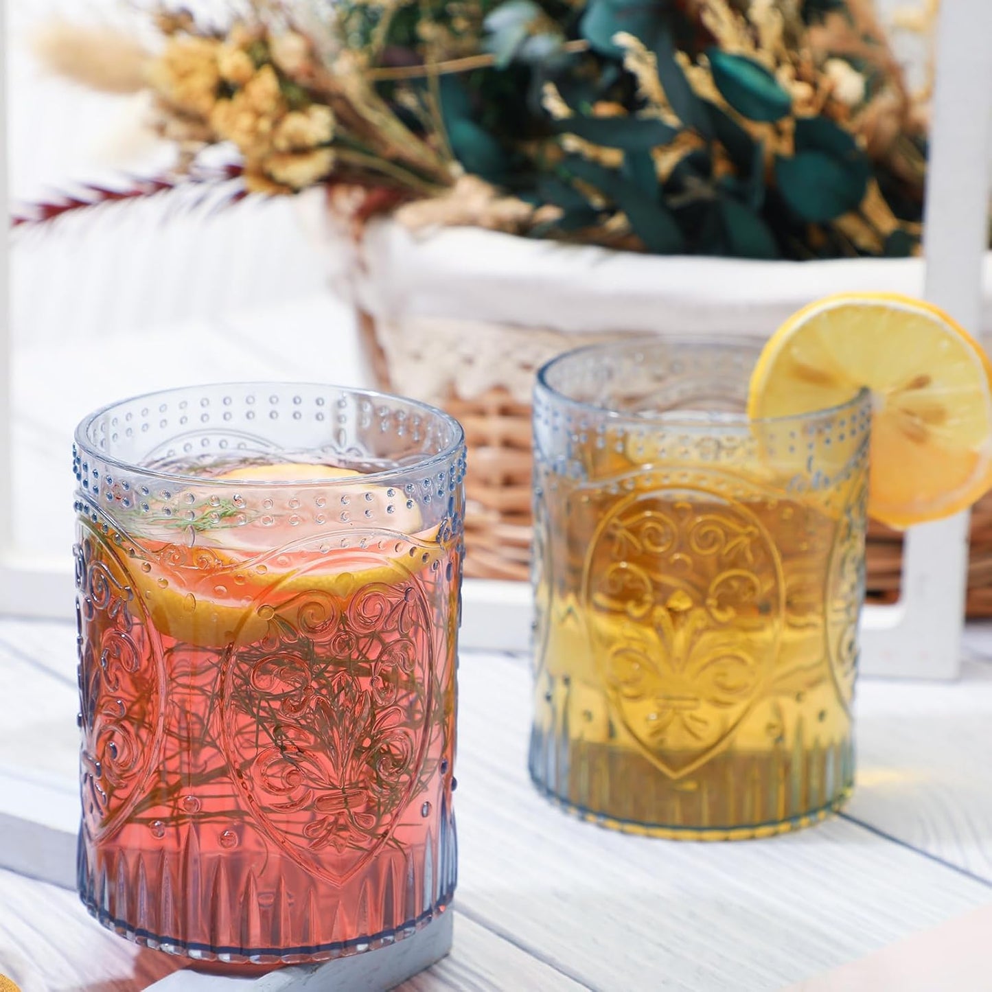 6 Plastic Vintage Drinking Glasses 8.5oz Stemless Retro Embossed Wine Glasses Shatterproof Reusable Cups for Baby Shower Wedding Reception Grand Event Party (Blue)