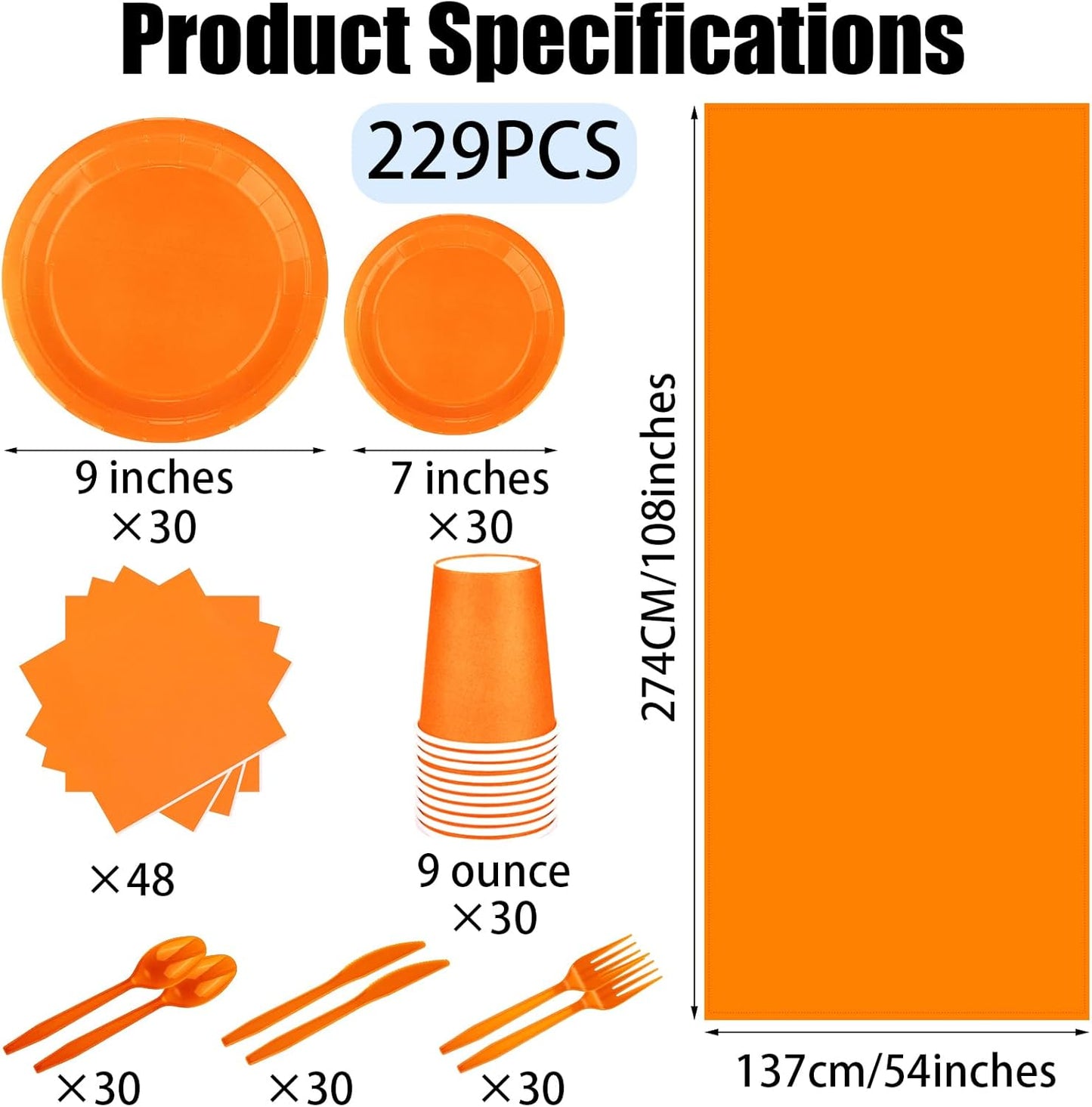 TWOWYHI 229PCS Orange Party Supplies Set Paper Disposable Plates Cups Plastic Spoons Forks Knives Orange Napkins for 30 Guests Disposable Party Dinnerware Sets for Wedding Birthday Parties