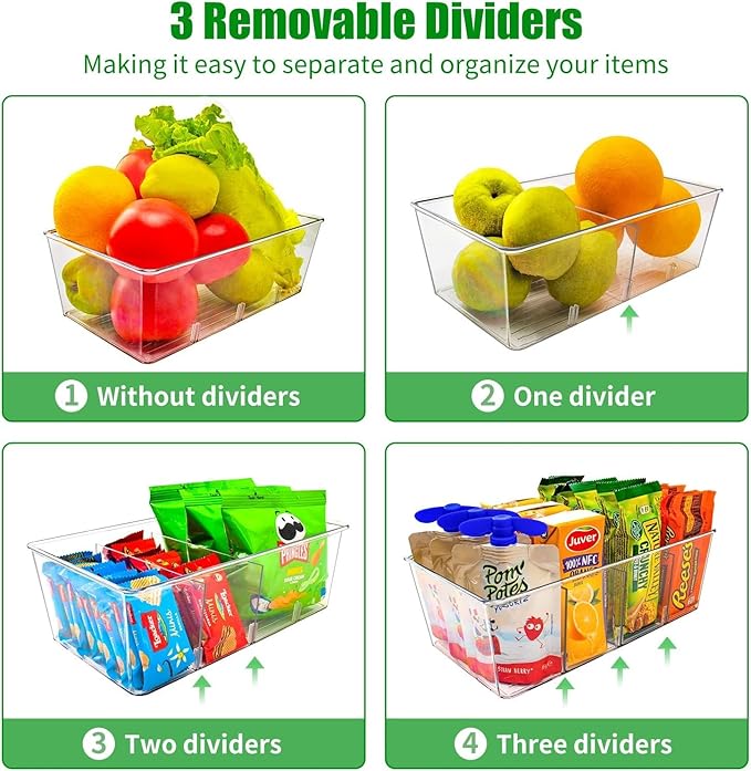 Pantry Organizers and Storage,Kitchen Organizers and Storage for Fridge,Drawer and Refrigerator - Spice Organization for Cabinet,Clear Plastic Stackable Storage Organizer Bins with 3 Dividers (3 Pcs)