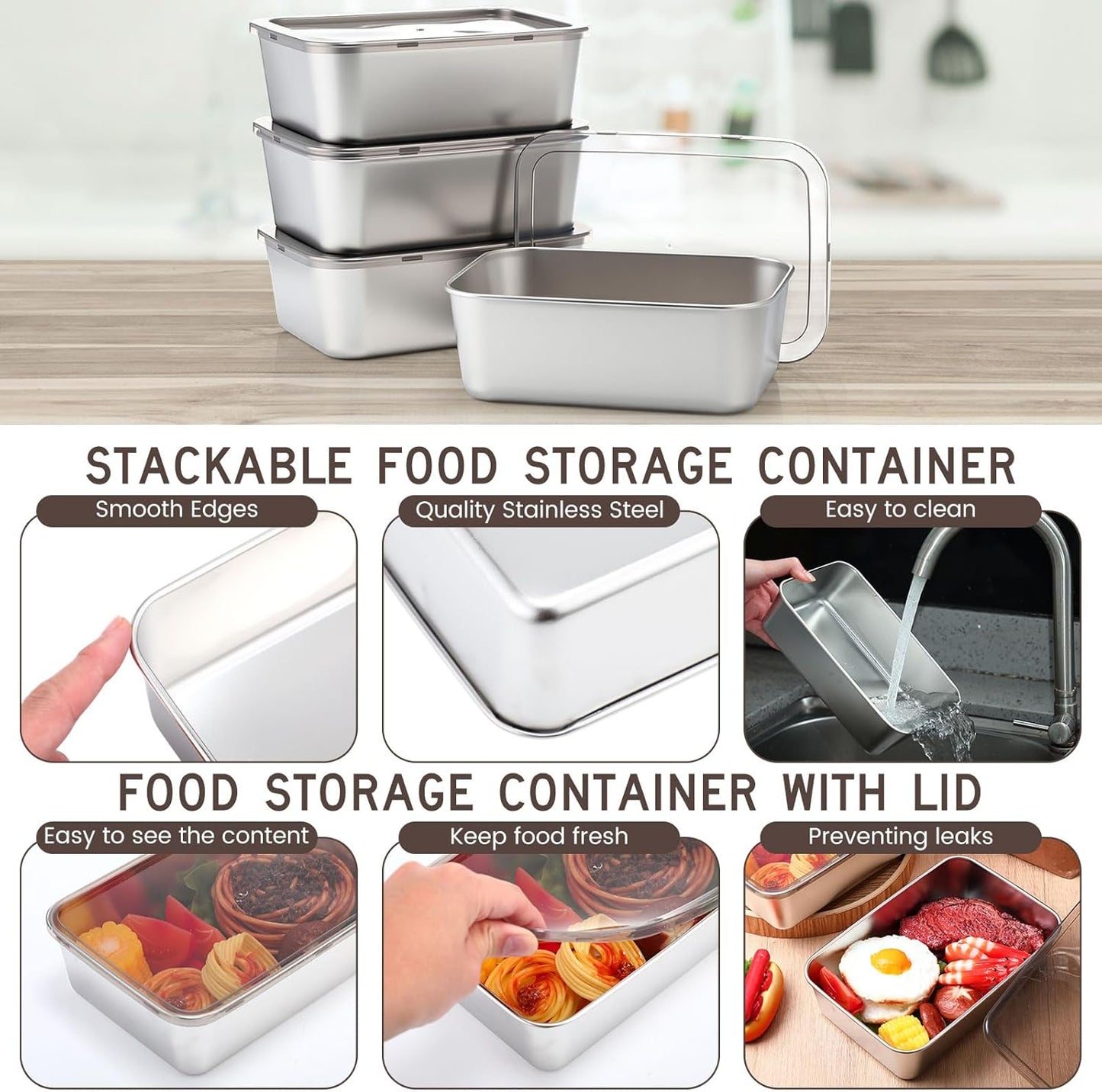 12 Pcs Stainless Steel Food Storage Containers with Brown Lids, 54 oz Metal Lunch Bento Box Reusable Stackable Meal Prep Container for Kitchen Picnic Travel, Freezer& Dishwasher Safe