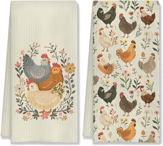 Farmhouse Chicken Rooster Kitchen Towels, Chicken Dish Towels, Rooster Decor Hand Towel for Bathroom Kitchen Decor, Cock Mom Lady Gifts,16x24 Inch Set of 2