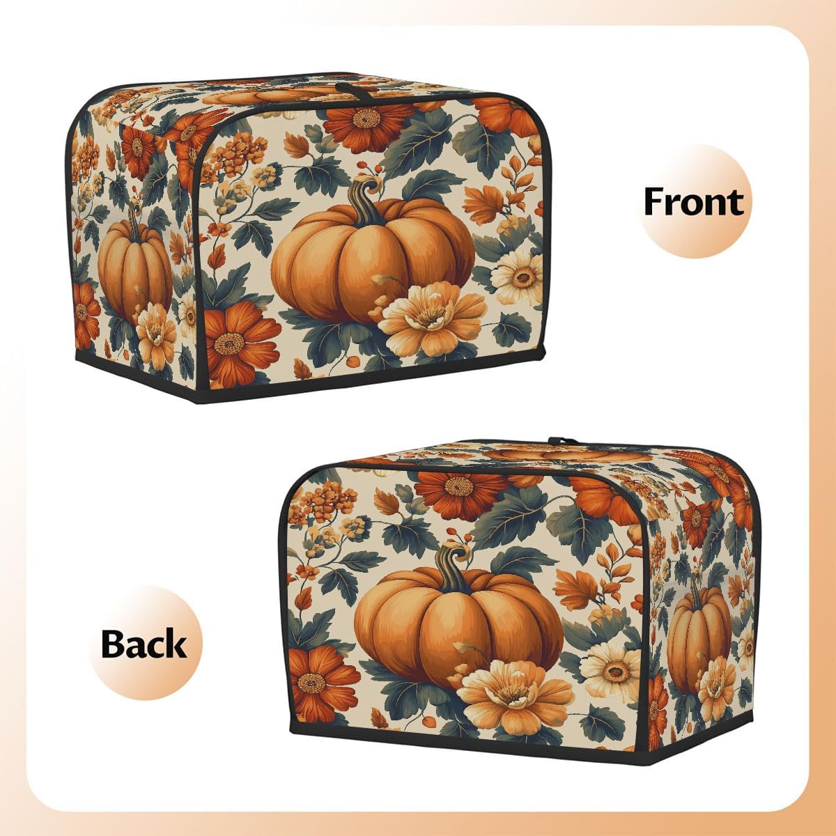 2 Slice Autumn Toaster Cover,Thanksgiving Pumpkin Fall Boho Floral Small Kitchen Appliance Bread Machine Cover with Pockets,Dust & Fingerprint Protection