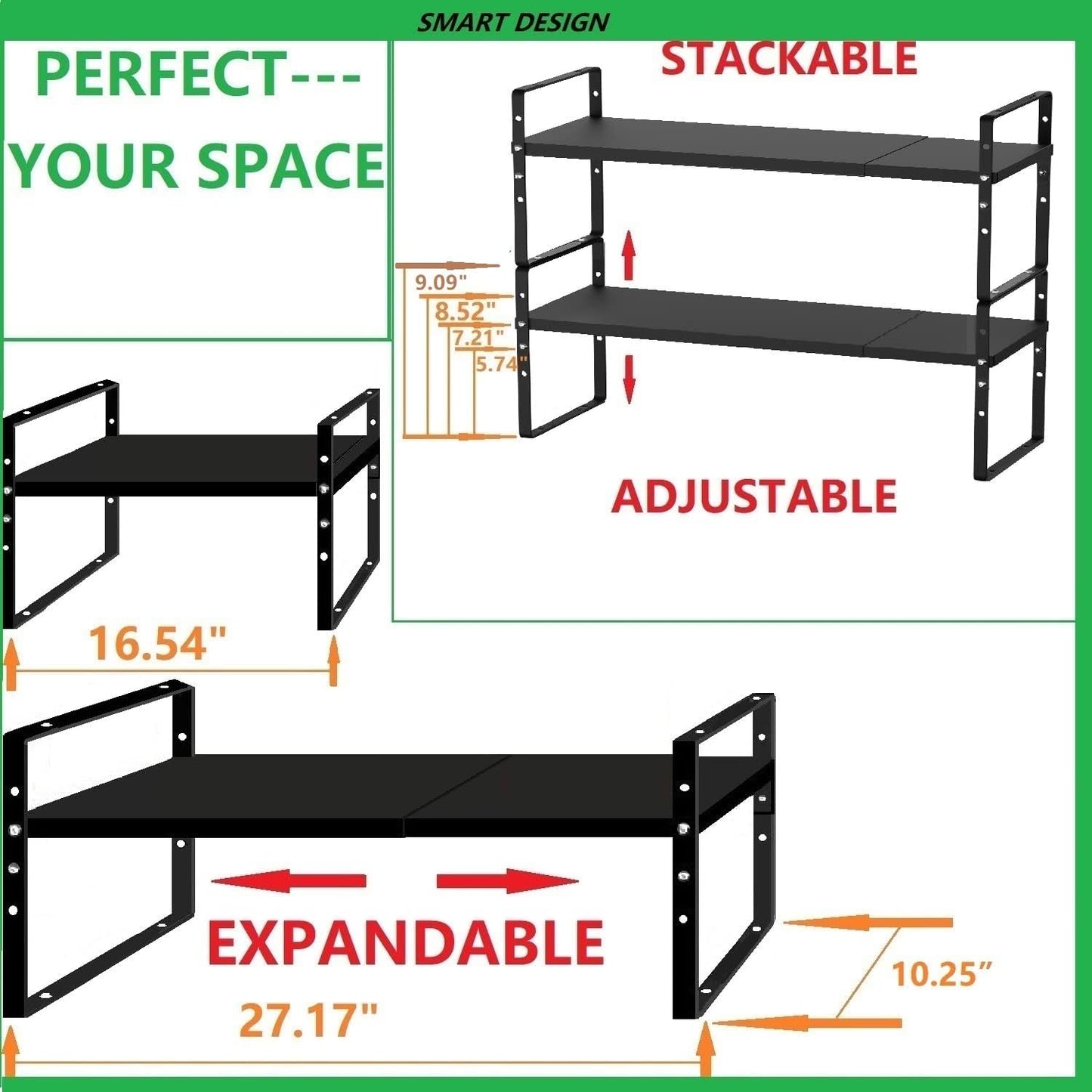 Expandable Stackable Spice Rack Cabinet Shelf Organizer in Cabinets Shelves Kitchen Cupboard Organization Stack up Racks Pantry Countertop Storage Large/Black 3 Packs