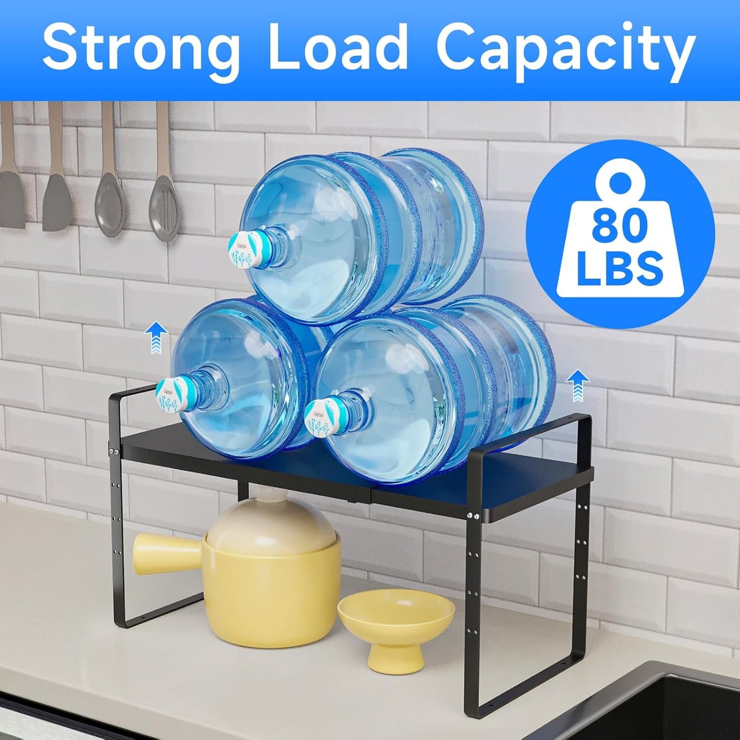 Expandable Cabinet Shelf Organizer, Stackable Kitchen Pantry Counter Storage, Adjustable Closet Cupboard Stand Rack Risers Spice Organization, 80LBS Heavy Duty, Black 3 Pack