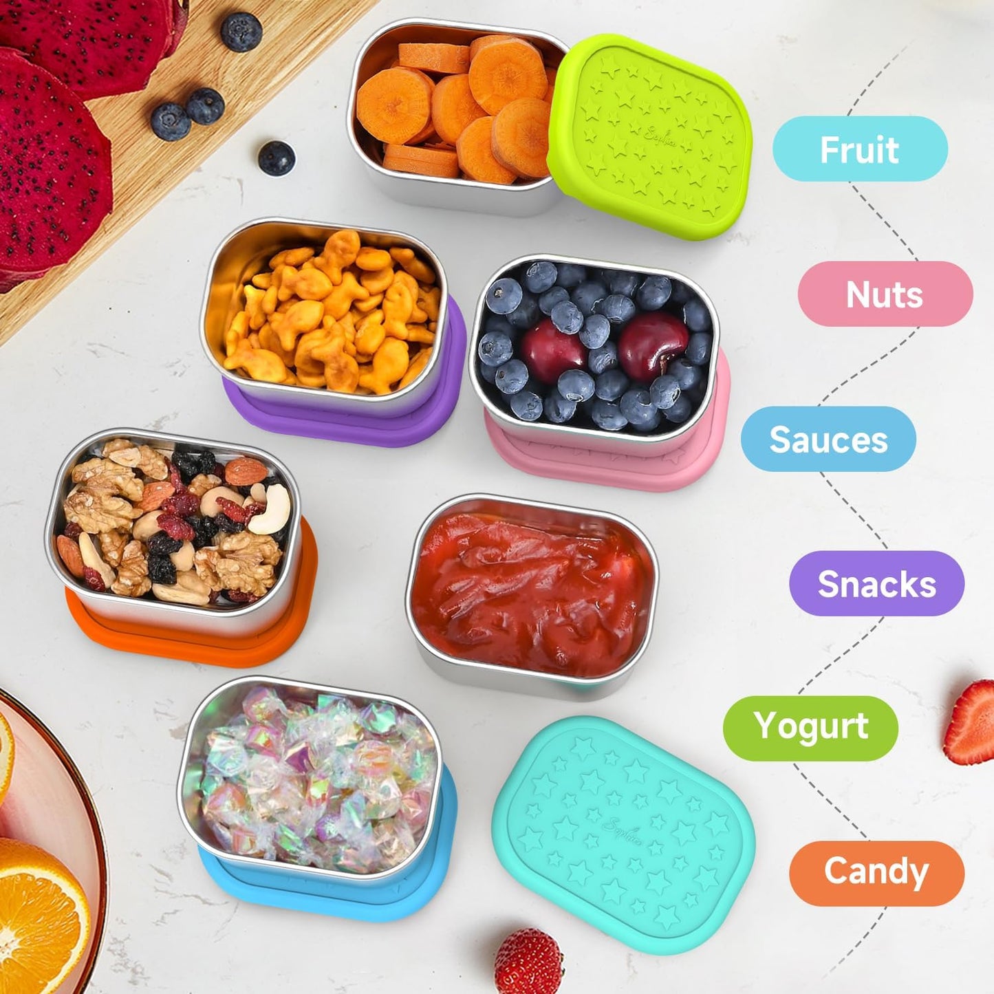 SOPHICO Stainless Steel Snack Containers for Kids, 8 oz Small Food Storage Container 1 Cup with Silicone Lid - Perfect 304 Metal Toddler Lunch Box for Daycare and School, Leak Proof (8oz, 6 Pack)