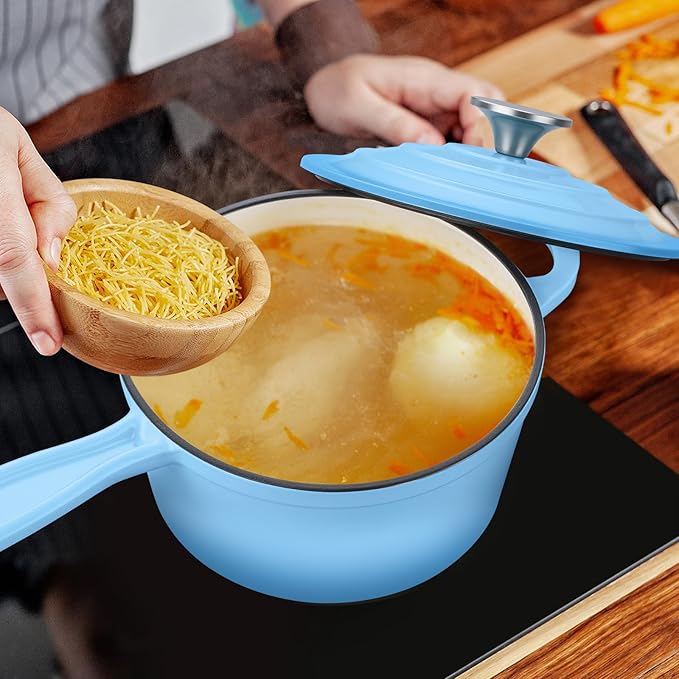 Enameled Cast Iron Sauce Pan with Lid, Leonyo 2 Quart Saucepan with Lid, Enamel Cast Iron Dutch Oven for All Cooktops Making Pasta Sauce, Milk, Oatmeal - Up to 500°F & 6.7Lbs, Lake Blue