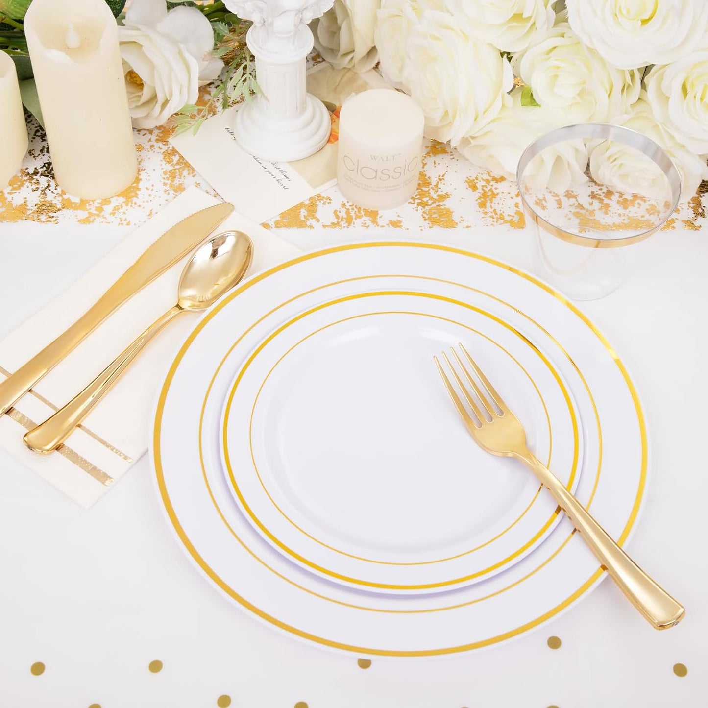 GATHER 176 Pieces Gold Dinnerware Disposable - White and Gold Plastic Plates Includes 50 Plates, 25 Plastic Silverware, 25 Napkins, 25 Cups and 1 Tablecloth for Wedding Party Thanksgiving