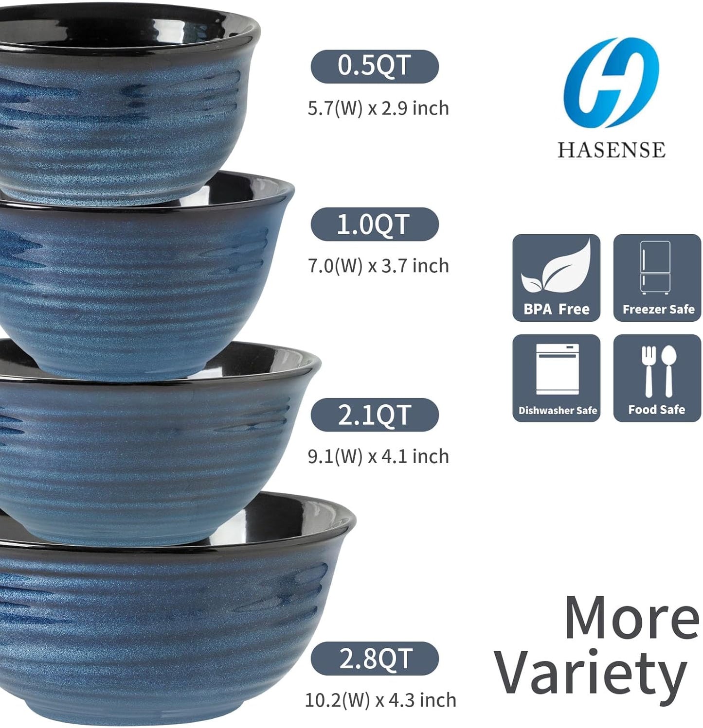 Hasense Mixing Bowls Set, Porcelain Large Salad Bowls for Cooking, Baking, Prepping, Serving, Blue Nesting Dishes for Housewarming Gift, Microwave Dishwasher Safe, 2.8/2.1/1.0/0.5 Qt