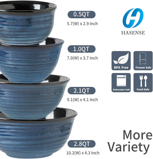 Hasense Mixing Bowls Set, Porcelain Large Salad Bowls for Cooking, Baking, Prepping, Serving, Blue Nesting Dishes for Housewarming Gift, Microwave Dishwasher Safe, 2.8/2.1/1.0/0.5 Qt