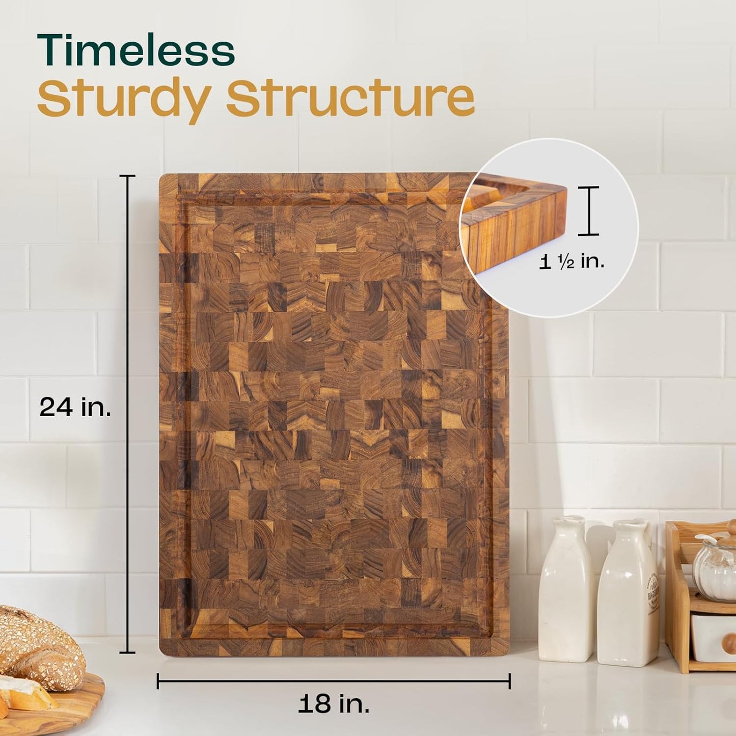 Yes4All Durable Teak Cutting Boards for Kitchen, [24''Lx18''Wx1.5” Thick] Extra Large End Grain Cutting Board, Pre Oiled Wood Cutting Boards, Thick Chopping Board w/Juice Grooves and Easy Grip Handle