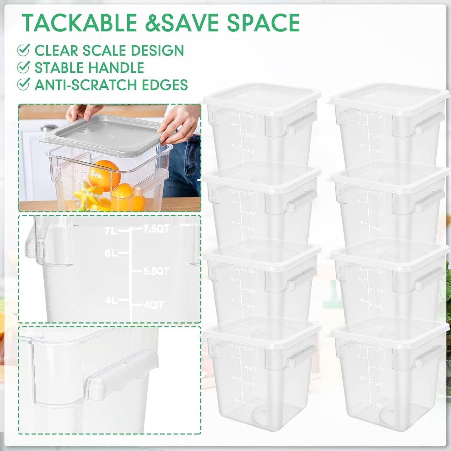 Lallisa 8 Pack 8 Qt Clear Food Storage Container with Handles and Lid Commercial Grade Square Food Storage Containers Polycarbonate Air Tight box for Home Kitchen Restaurant (White)