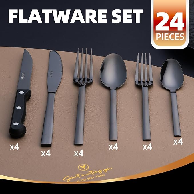 24 Pcs Silverware Flatware Service for 4, 18/0 Stainless Steel Tableware with Steak Knives, High Mirror Polished Cutlery Set in Ergonomic Design Size and Weight, Dishwasher Safe, Black