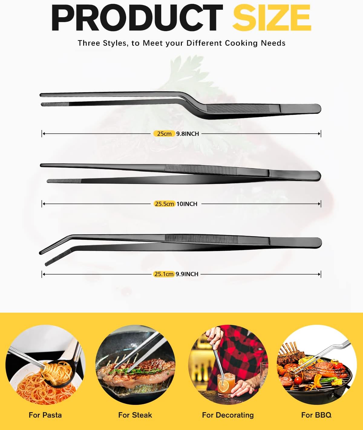 Fine Cooking Tweezers Set, Professional Stainless Steel Food Tongs, Kitchen Black Long Chef Tweezer for Cooking, Plating, Decorating and BBQ (BLACK, 10 inch)