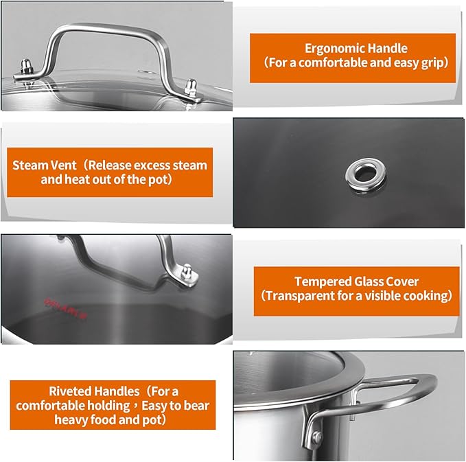 DELARLO Tri-Ply Stainless Steel 8 Quart Stock Pot, All Stove Compatible Up to 600℉ Soup Pot with Lid, 18/10 Induction Big Stockpot with Lids, Large Stainless Steel Induction for Cooking