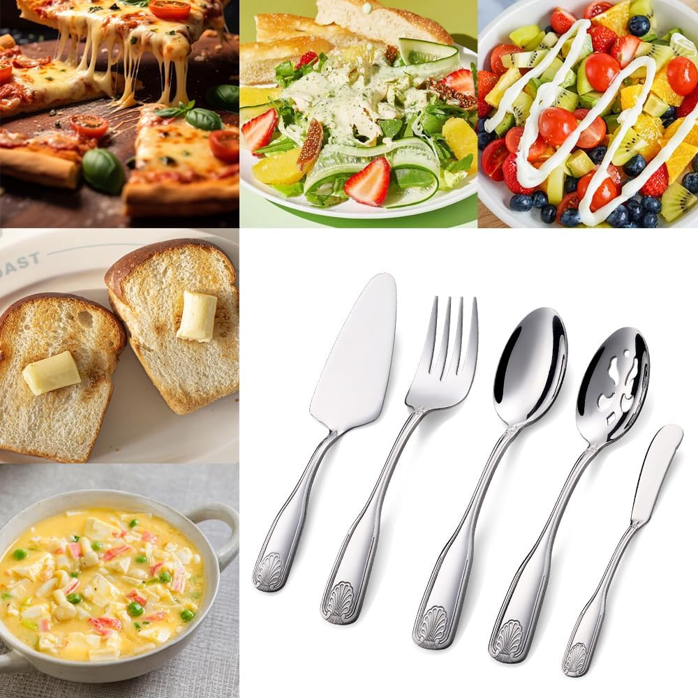 45 Pieces Silverware Set with Serving Utensils, Stainless Steel Flatware Serving Set for 8, Dinnerware Cutlery Set, Shell Pattern & Mirror Polished, Dishwasher Safe