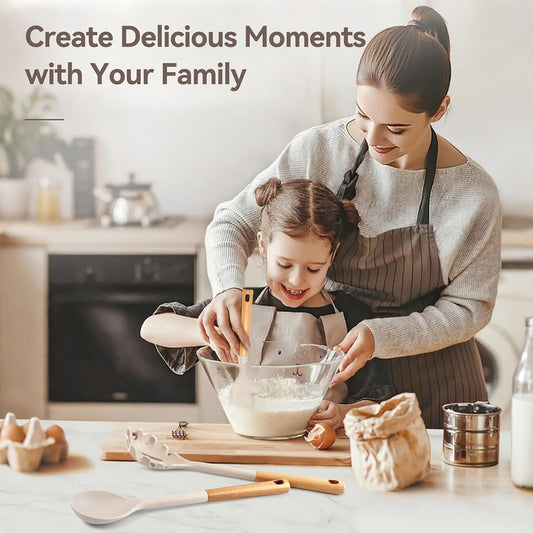 Kitchen Utensils Set, Large Non-stick Silicone Cooking Utensils Set 6 Pcs, Wooden Handle Heat Resistance Silicone Spatula Soup Ladle Pasta Server Kitchen Gadgets Utensils Set BPA Free (Khaki)