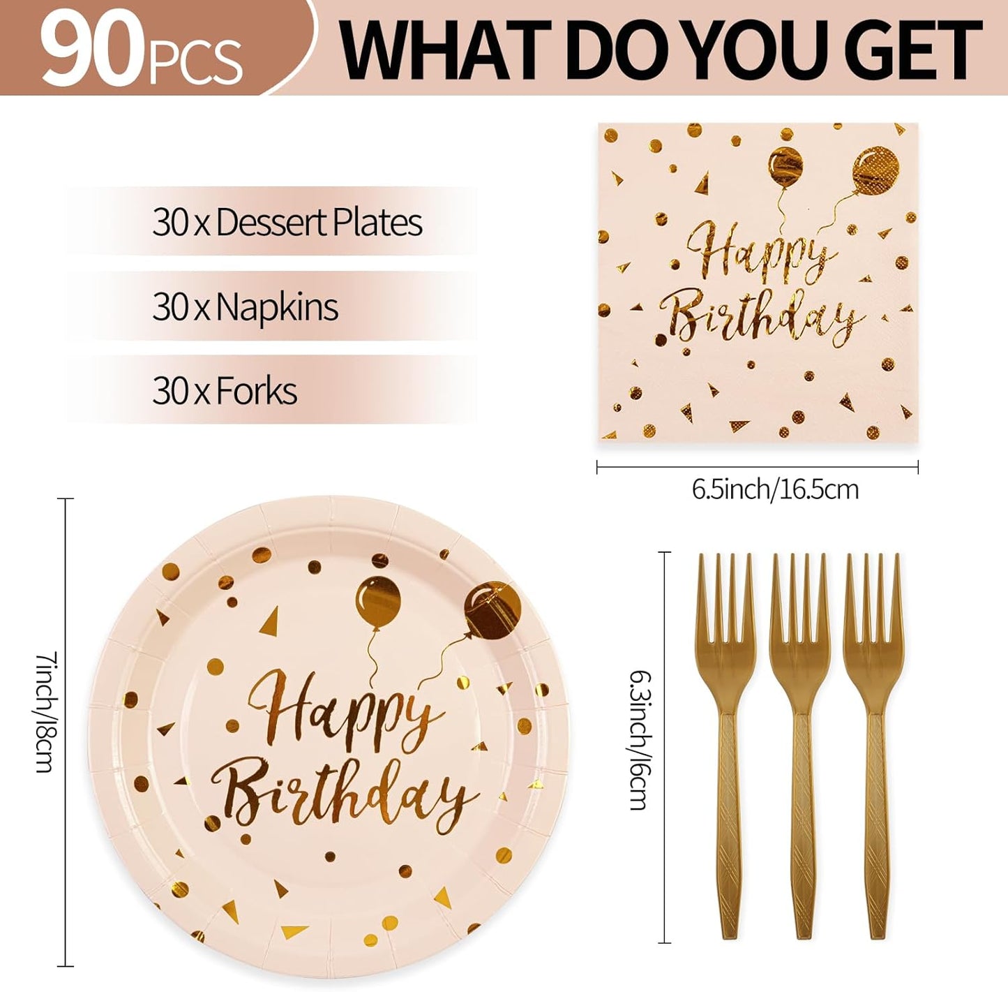 90PCS Happy Birthday Plates and Napkins Party Supplies, Disposable Pink Gold Dot Dessert Paper Plates Napkins with Forks Tableware Set Party Decorations for Girl Women Birthday Parties