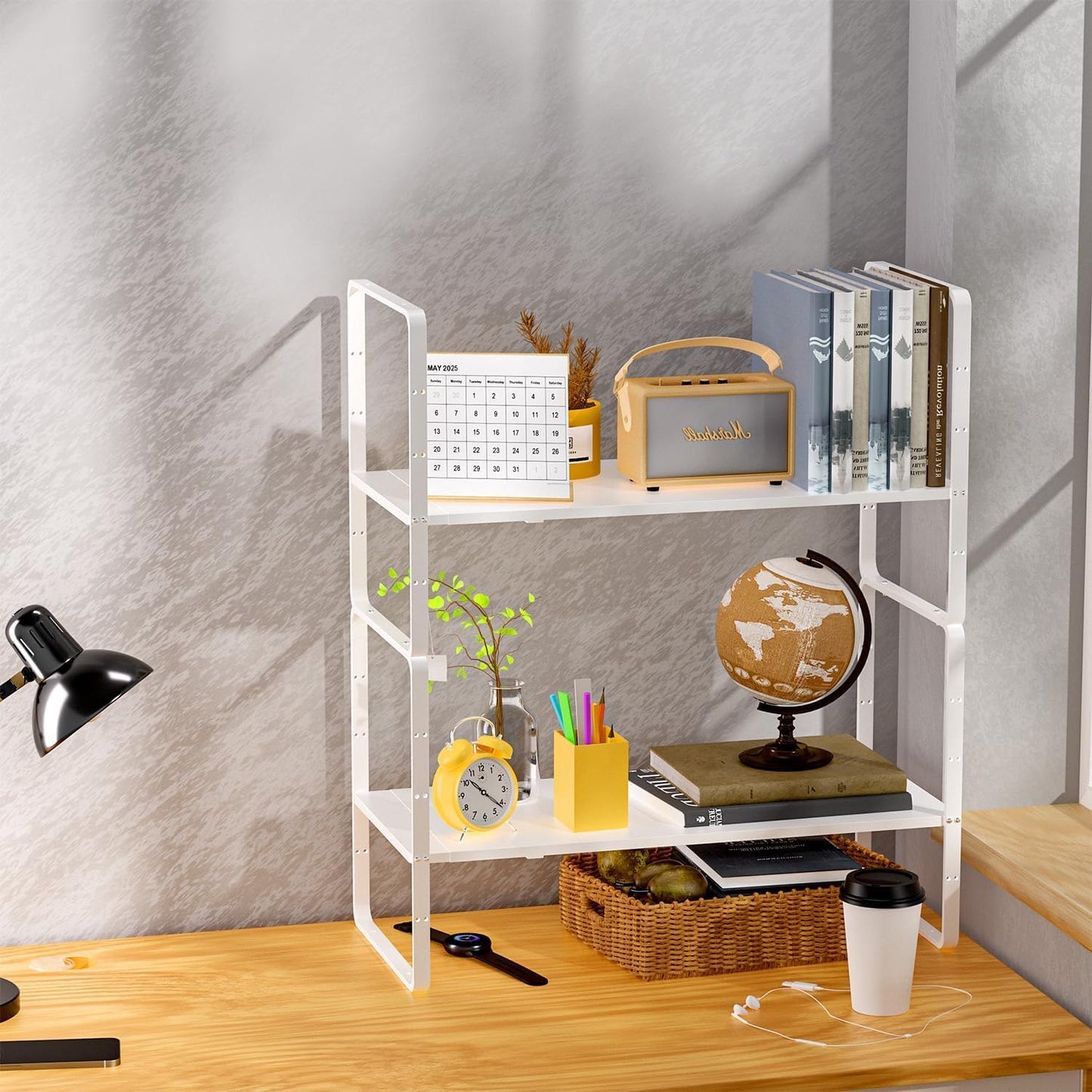 Redrubbit Expandable Cabinet Shelf Organizers, Stackable Kitchen Counter Shelves Spice Rack for Kitchen Bathroom Pantry Cupboard Desk Home Office, Metal Plate Heavy Duty Nonslip White, Set of 3