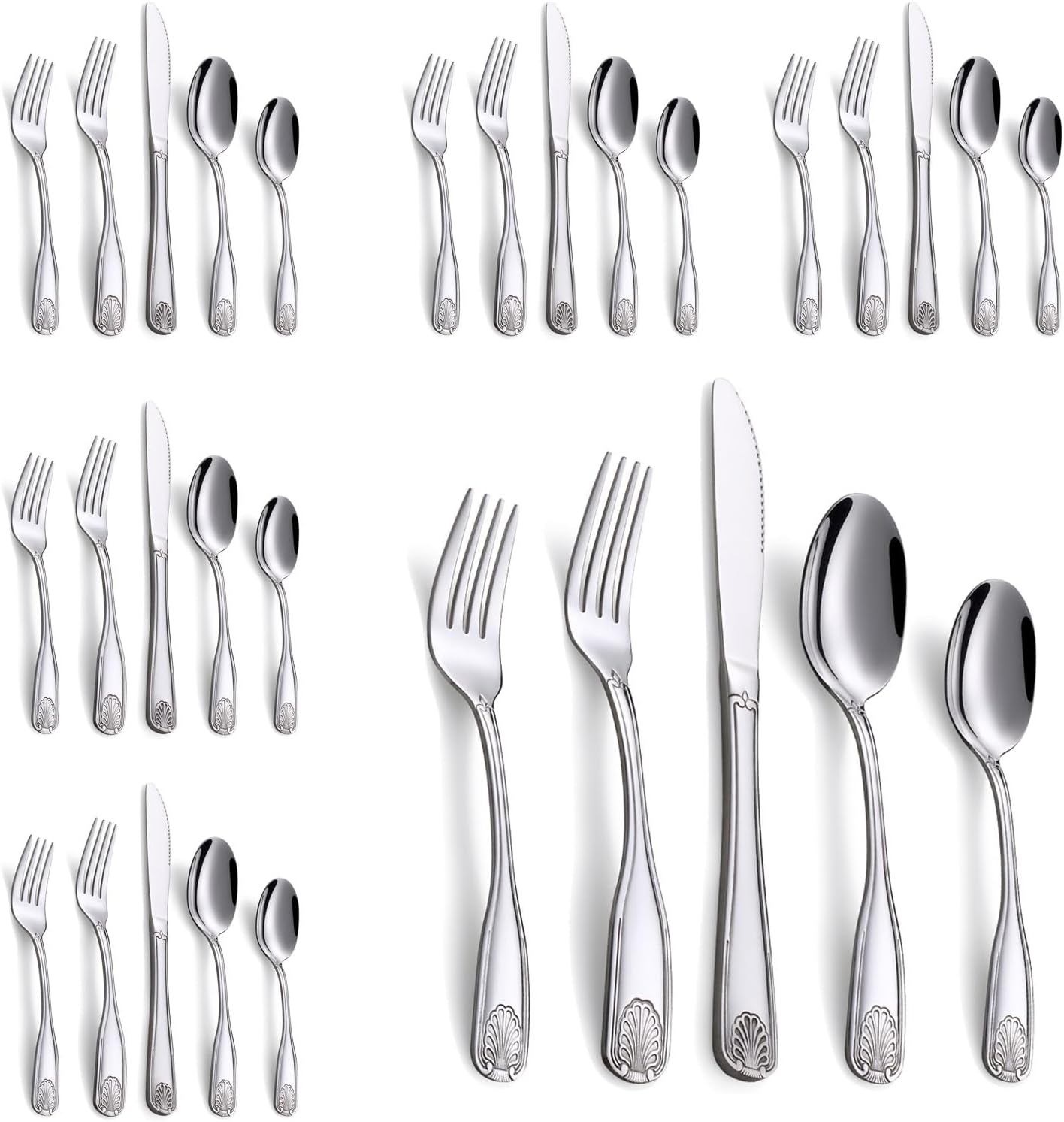 30-Piece Flatware Set, Stainless Steel Silverware Set for 6, Cutlery Set with Shell Pattern, Fork Spoon Knife Set, Dishwasher Safe
