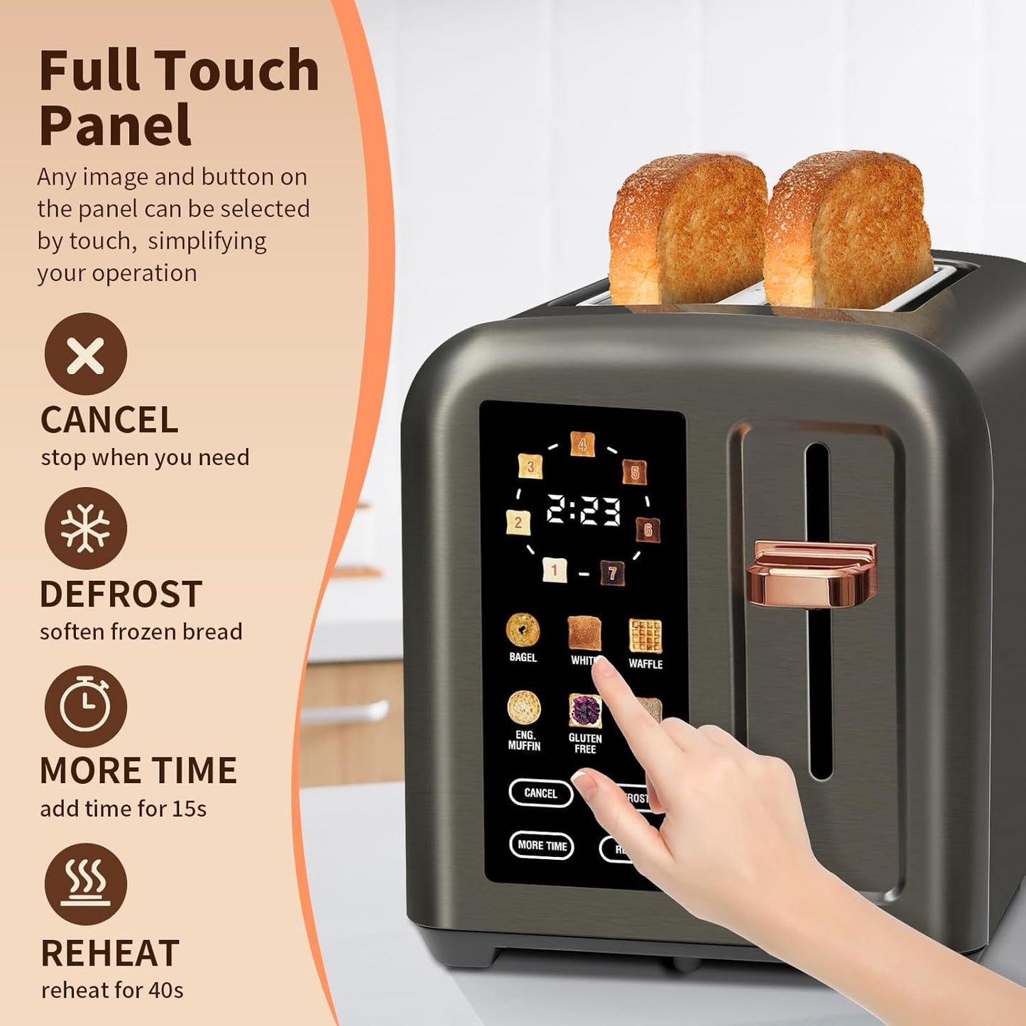 SEEDEEM Toaster 2 Slice, Touch Control Stainless Toaster LCD Display, 50% Faster Heating Speed, 1.4'' Wide Slots, More Timer Functions, Removable Crumb Tray, 1350W, Dark Metallic