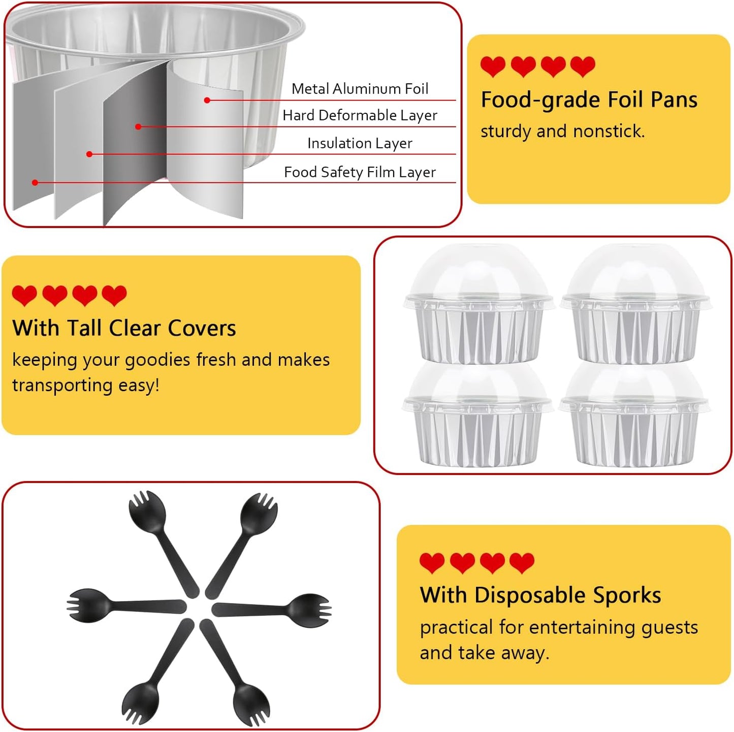 Cupcake Liners with Dome Lids 50 Pack,Free-Air 5oz Aluminum Foil Baking Cups Muffin Tin,Souffle Dessert Pudding Ramekin Holders for Individual Bakery Wedding Birthday Party,with 50 Spoons-Silver