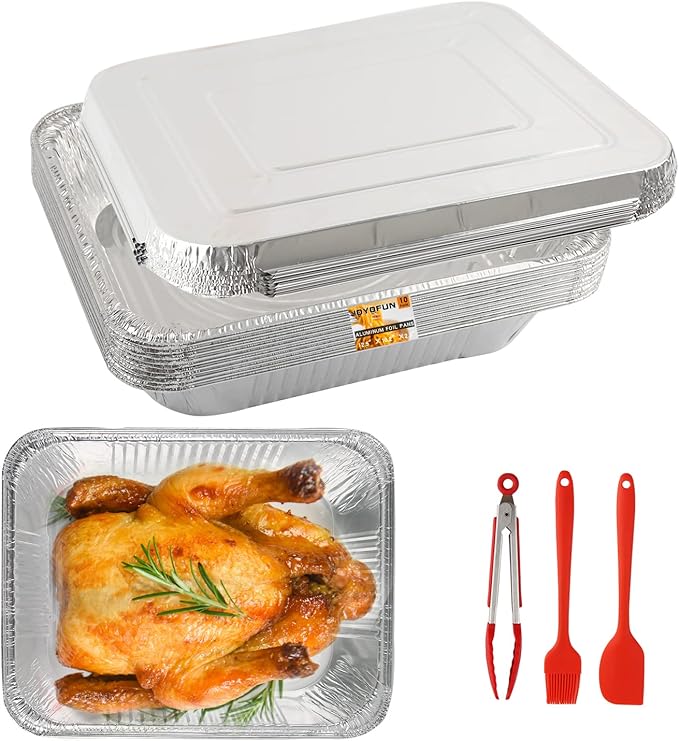 10 Pack Aluminum Pans With Lids,12.5x10.2 Extra Heavy Duty Durable Disposable Aluminum Foil Pans,Half Size Deep Steam Table Pans -Baking Pans for Cooking,Food Prepping,Party Holidays BBQ