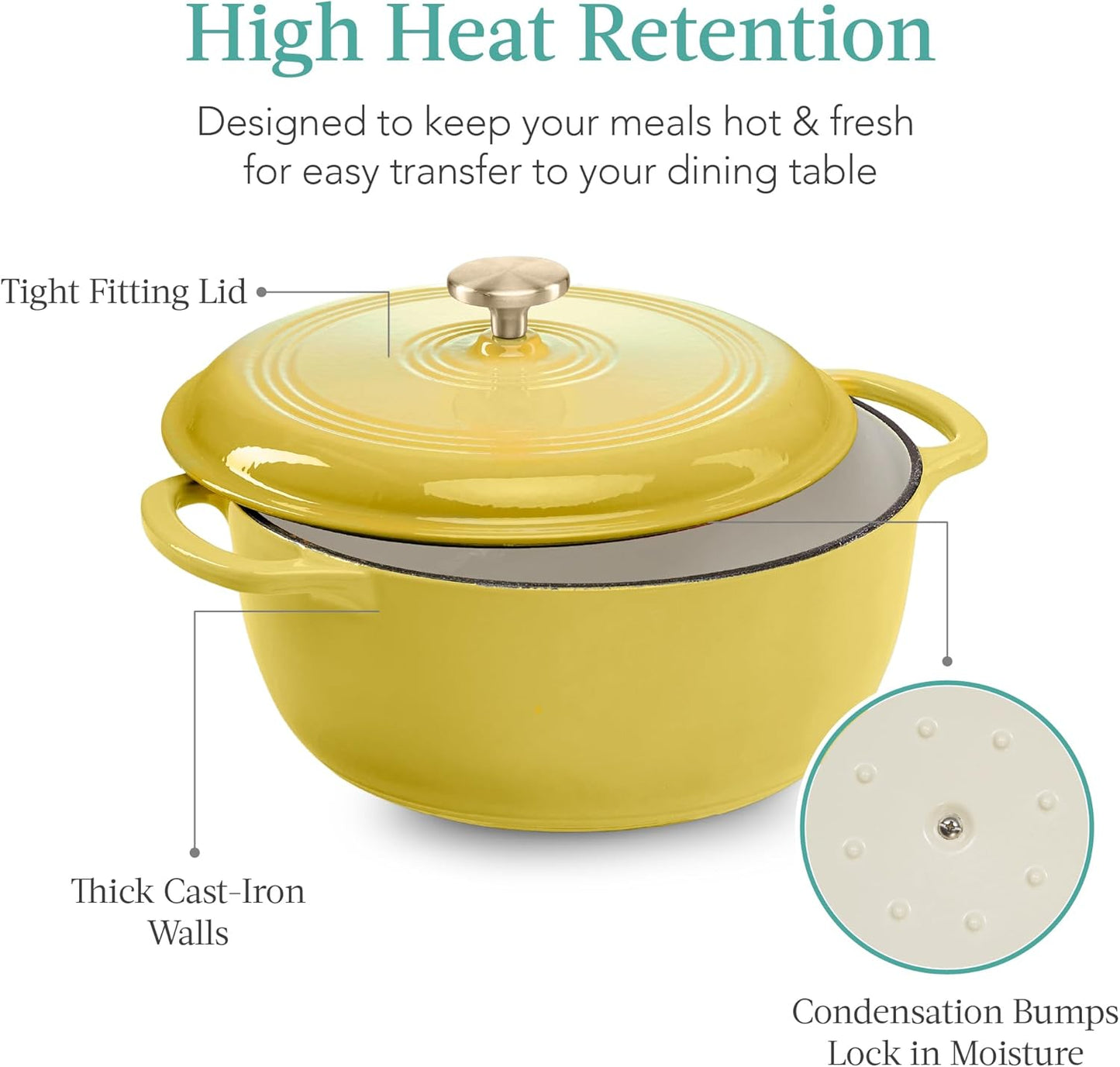 Best Choice Products 7.5 Quart Enamel Cast-Iron Round Dutch Oven, Family Style Heavy-Duty Pre-Seasoned Cookware for Home, Kitchen, Dining Room, Oven Safe w/Lid, Dual Handles - Lemon Meringue