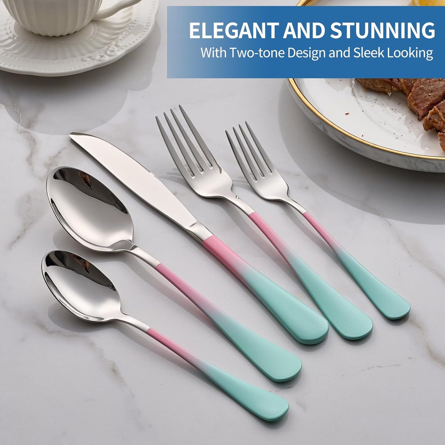 20-Piece pink & green Silverware Set,18/0 Stainless Steel Colorful Handle Flatware Set,Service for 4,Modern Cutlery Set Includes Dinner Knives Forks Spoons, Mirror Polished,Dishwasher Safe