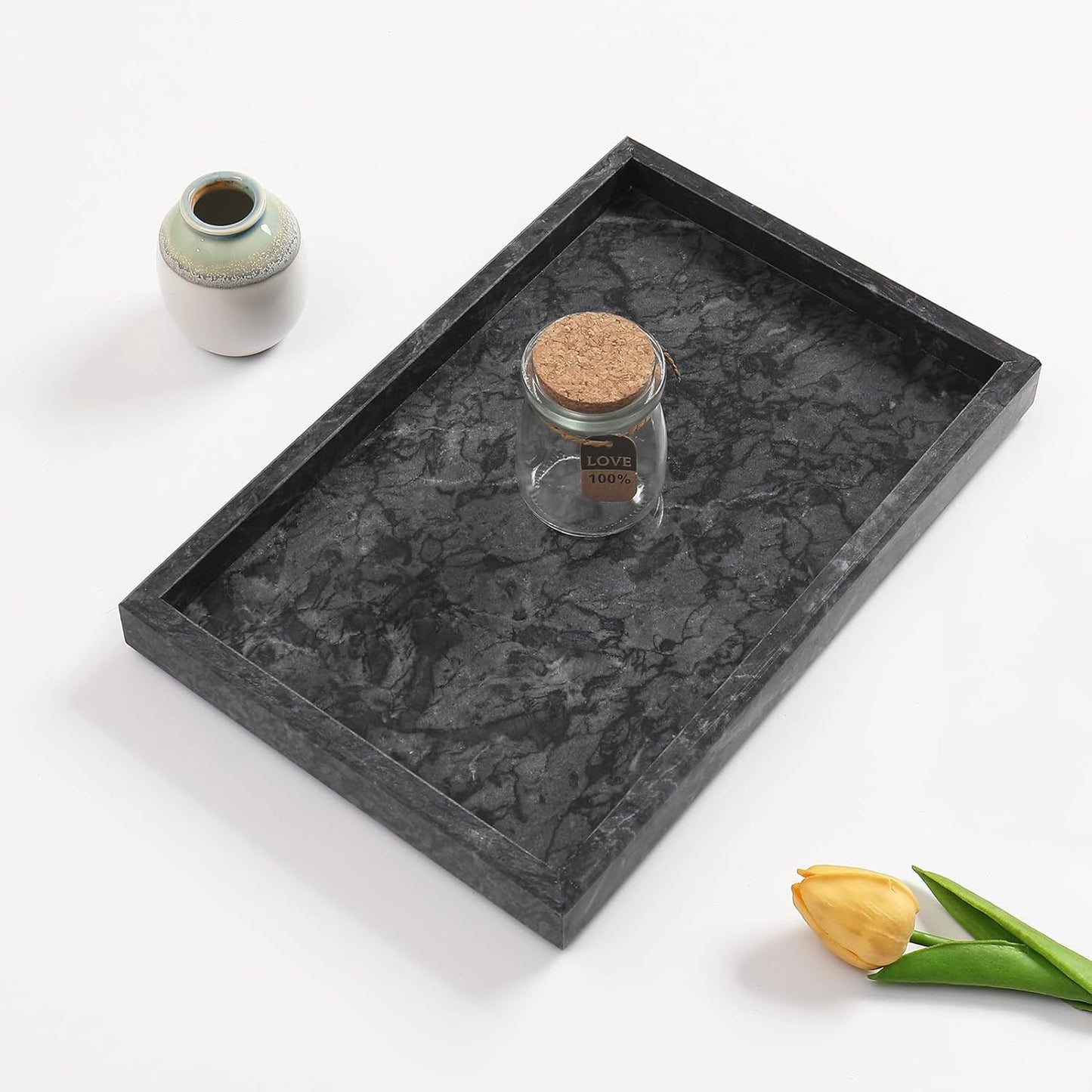 Yew & Tulip Natural Marble Vanity Tray, Nature Dark Gray Marble Serving Tray for Bathroom, Kitchen, Vanity, Home Decor, Wedding etc. (12"x 8" x 1.2")