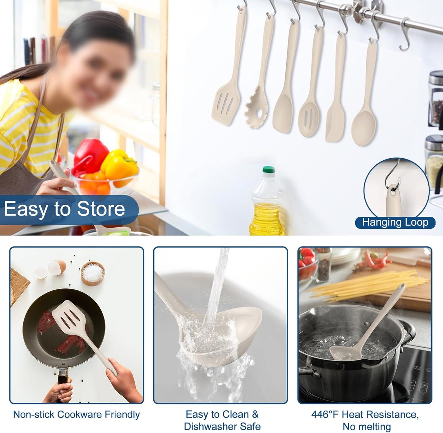 TeamFar Silicone Cooking Utensils, 7 PCS Heat Proof Kitchen Utensils Set, Kitchen Tools Spatula Turner Ladle Spoon Pasta Fork for Nonstick Cookware, Non-Toxic & Dishwasher Safe, Khaki