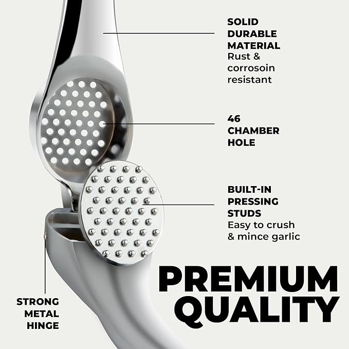 Zulay Kitchen Premium Garlic Press Set – Rust Proof & Dishwasher Safe Garlic Mincer Tool with Silicone Garlic Peeler & Brush, Easy Squeeze & Clean, Ergonomic Soft Grip Handle - Medium – Chrome