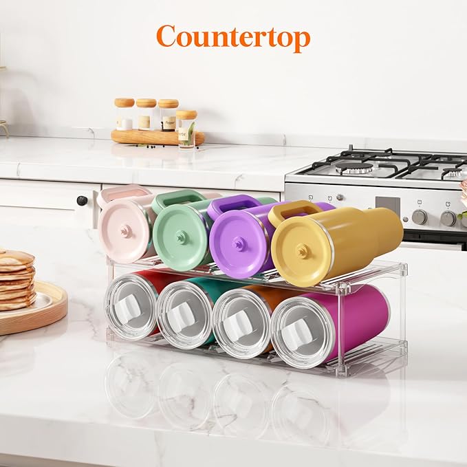 Lifewit Stackable Water Bottle Storage Organizer, Clear Tumbler Cup Mug Organizer, Plastic Large Compartment Wine Rack for Fridge Cellar Kitchen Pantry Storage, 2Tier Hold 8