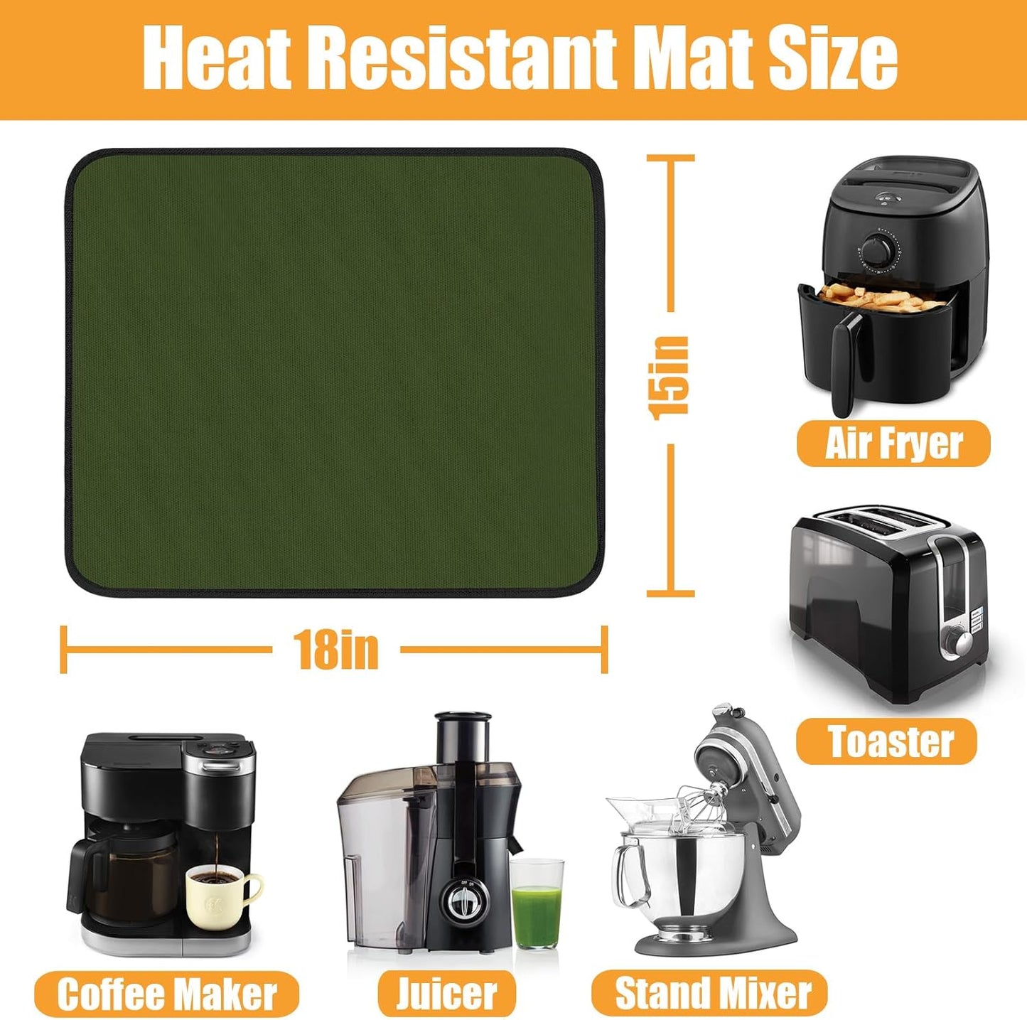 Heat Resistant Mat for Air Fryer, 15 x 18in Countertop Protector, Fireproof Silicone Appliance Slider for Coffee Maker, Toaster, Oven - Green