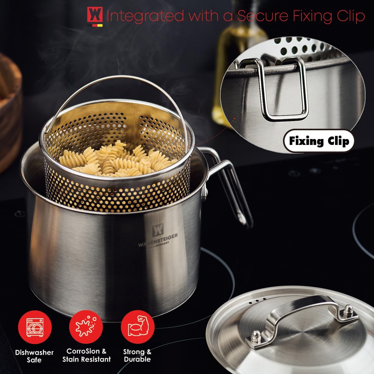 Stainless Steel Vegetable Egg Steamer Pot Saucepan Pasta Stovetop Cooker with Perforated Basket, Small Sized for Single or Double Servings (2.3Liter / 2.43Quarts)