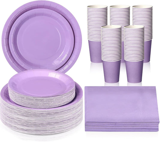 Tioncy 200 Pcs Disposable Paper Plates Cups and Napkins Party Supplies Serve 50 Guests Disposable Paper Dinnerware Set for Halloween Birthday Wedding Baby Shower Family Picnic(Purple)