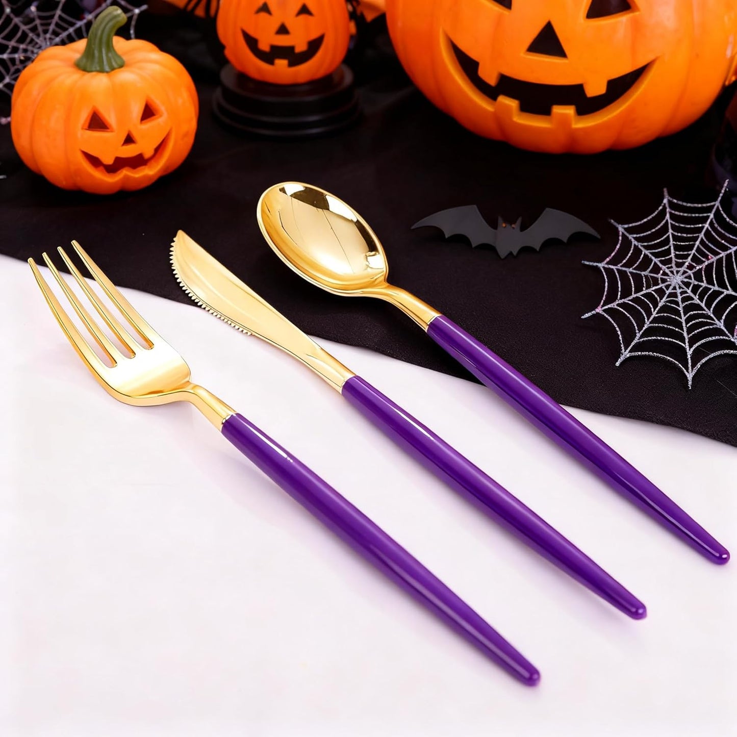 WDF 30Guest Purple Plastic Plates with Gold Rim & Disposable Gold Plastic Silverware With Purple Handle - Baroque Party Plates Mardi Gras Plate for Birthday Parties/Halloween