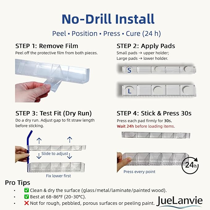 Upgraded 9.5” Acrylic Straw Holder for Cabinet Door – Adjustable Two-Part Organizer, Clear Kitchen Storage with Strong Adhesive, Space-Saving, No Drilling, Renter-Friendly
