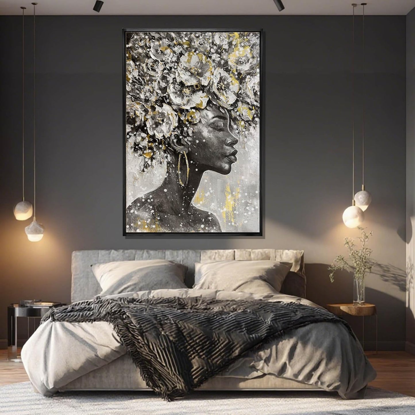 MLART99 Elegant African American Wall Art with Floral Canvas Black Artwork Gold and Black Girl Wall Decor -40x60 Inch Contemporary Print for Living Room Entryway
