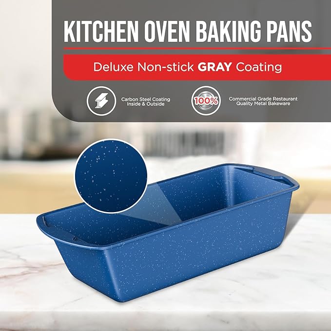 Nonstick Loaf Pan Set Pack of 1, Carbon Steel 11" Large Baking Bread Pan, Oven Safe Up to 450°F, PFOA, PFOS, PTFE Free, Space Saving Stackable Design, Stain Resistant, Dishwasher Friendly, Blue Marble