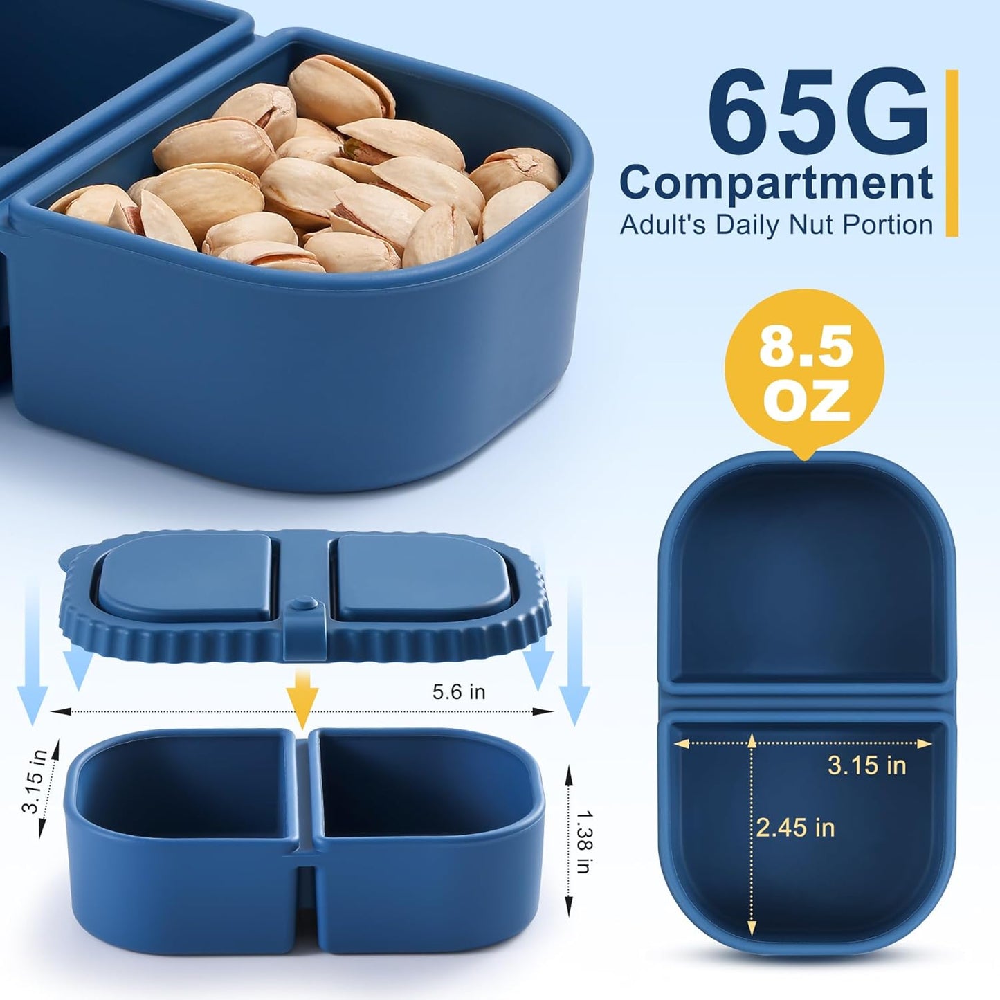 3 Pack Silicone Reusable Snack Containers with Lids - 8 oz Double Compartment Snackle Box for Kids & Adults, BPA-Free & Leakproof, Small for Dressing, Snacks, School, Office, Picnic