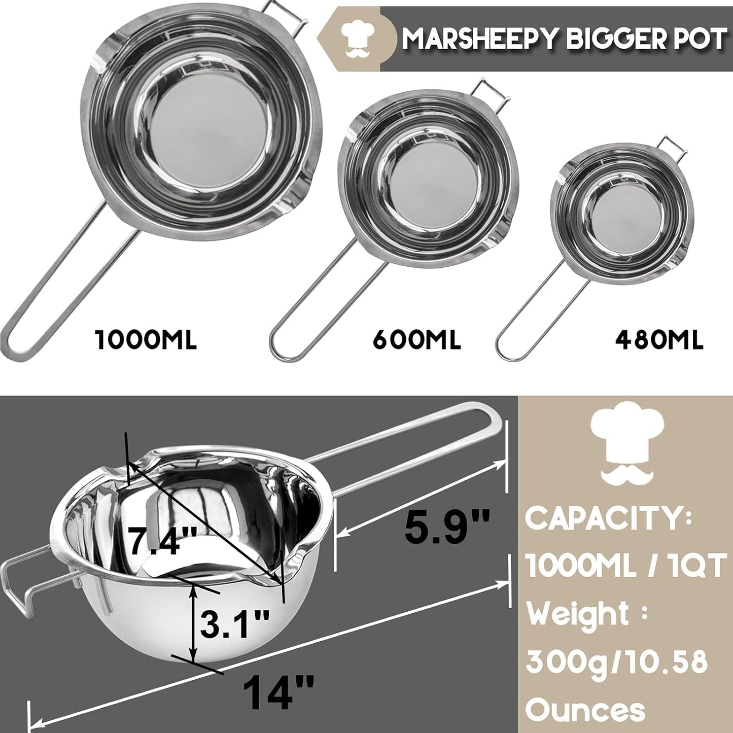 1000ML/1QT Double Boiler Chocolate Melting Pot with 2QT 304 Stainless Steel Pot, Chocolate Melting Pot with Silicone Spatula for Melting Chocolate, Candy, Candle, Soap, Wax