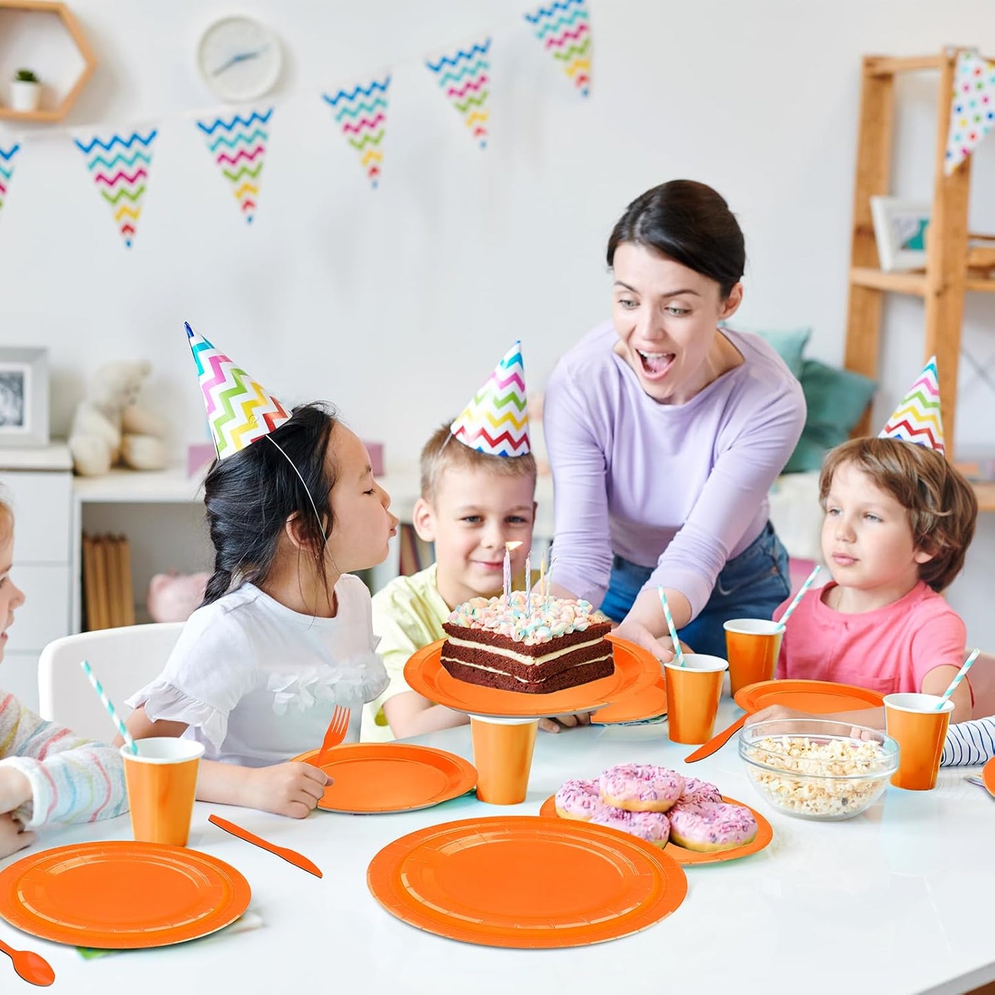 TWOWYHI 228PCS Orange Party Supplies Set Include Paper Plates Cups Paper Napkins Plastic Spoons Forks Knives for 30 Guests Disposable Party Dinnerware for Birthday Wedding Family Picnic