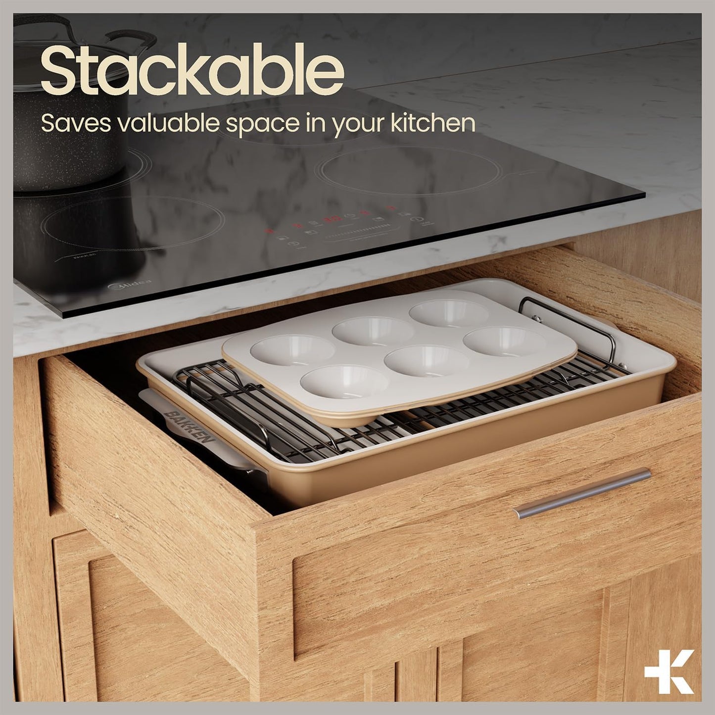 Bakken 8-Piece Stackable Bakeware Set - Ceramic Non-Stick Coating, Baking Sheets, Assorted Baking Pans, PTFE, PFOA & PFOS Free - Healthy Baking, Ergonomic Handles, Cooling Rack, Non-Toxic, Oven-Safe