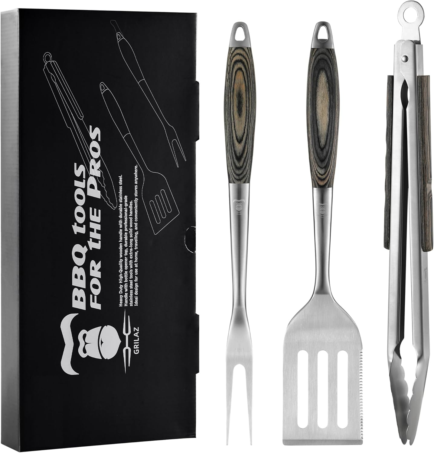 Stainless Steel BBQ Tool Set with Veined-Dyed Wooden Handles | Heavy Duty Grilling Accessories | 3-Piece Outdoor Barbecue Grill Utensil Set with Spatula, Fork, and Tongs - Ideal Gift for Men…