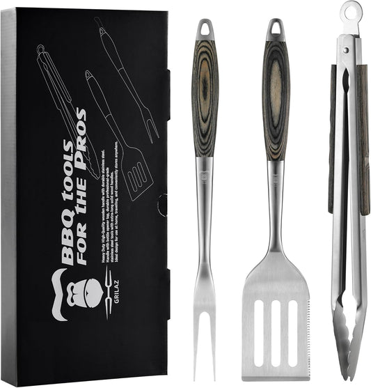 Stainless Steel BBQ Tool Set with Veined-Dyed Wooden Handles | Heavy Duty Grilling Accessories | 3-Piece Outdoor Barbecue Grill Utensil Set with Spatula, Fork, and Tongs - Ideal Gift for Men…