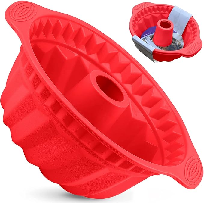 Kenond 2 PCS 9.5 Inch Silicone Cake Pans, Non-stick Fluted Cake Pan with Sturdy Handle, Cake Baking Molds, Perfect Bakeware for Cake, Jello, Gelatin, Bread, Para Gelatinas (Red)