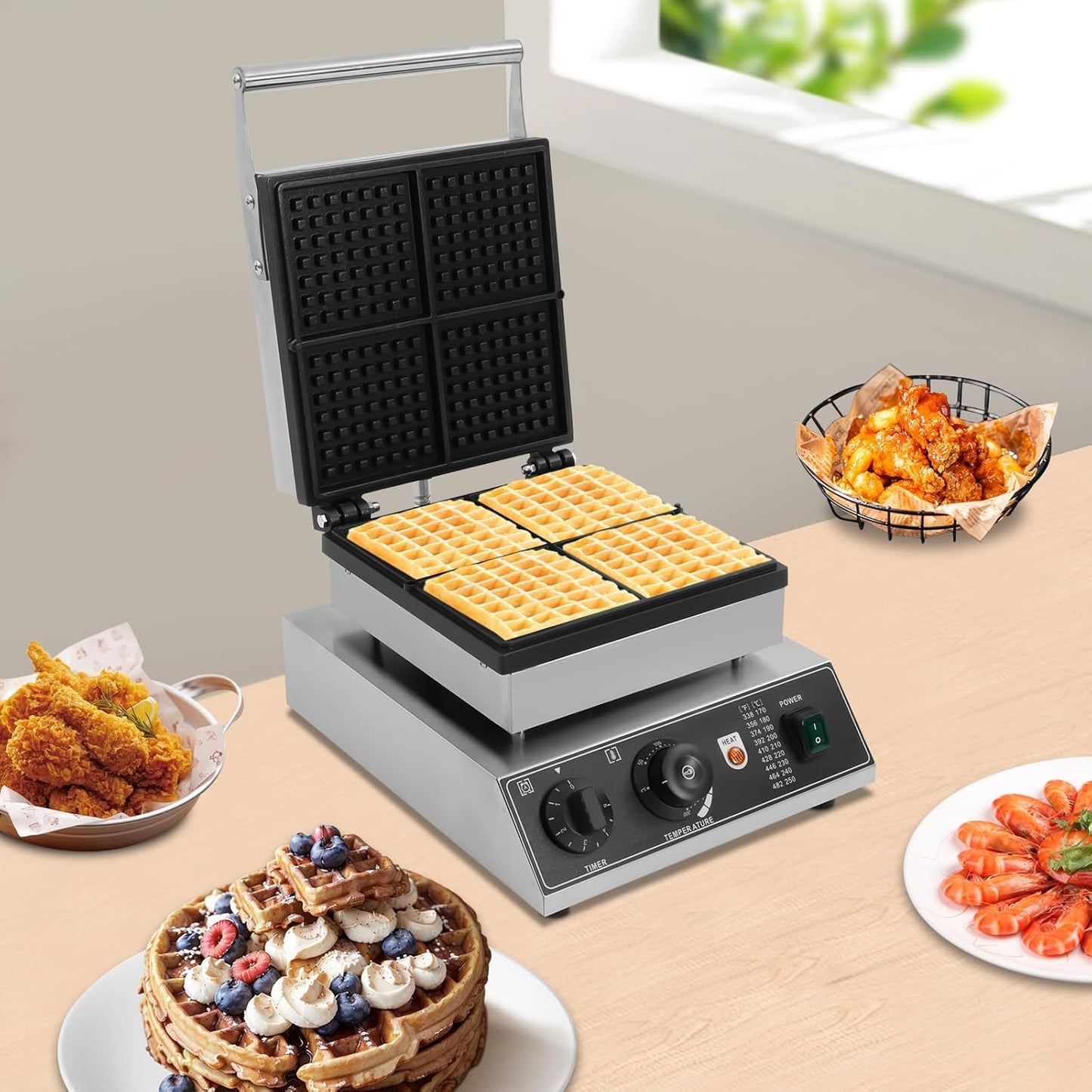 4-Slice Waffle Maker Pancake Maker Non-stick Stainless Steel Waffle Pan Pancake Making Machine with Temp and Time Control for Home Restaurant